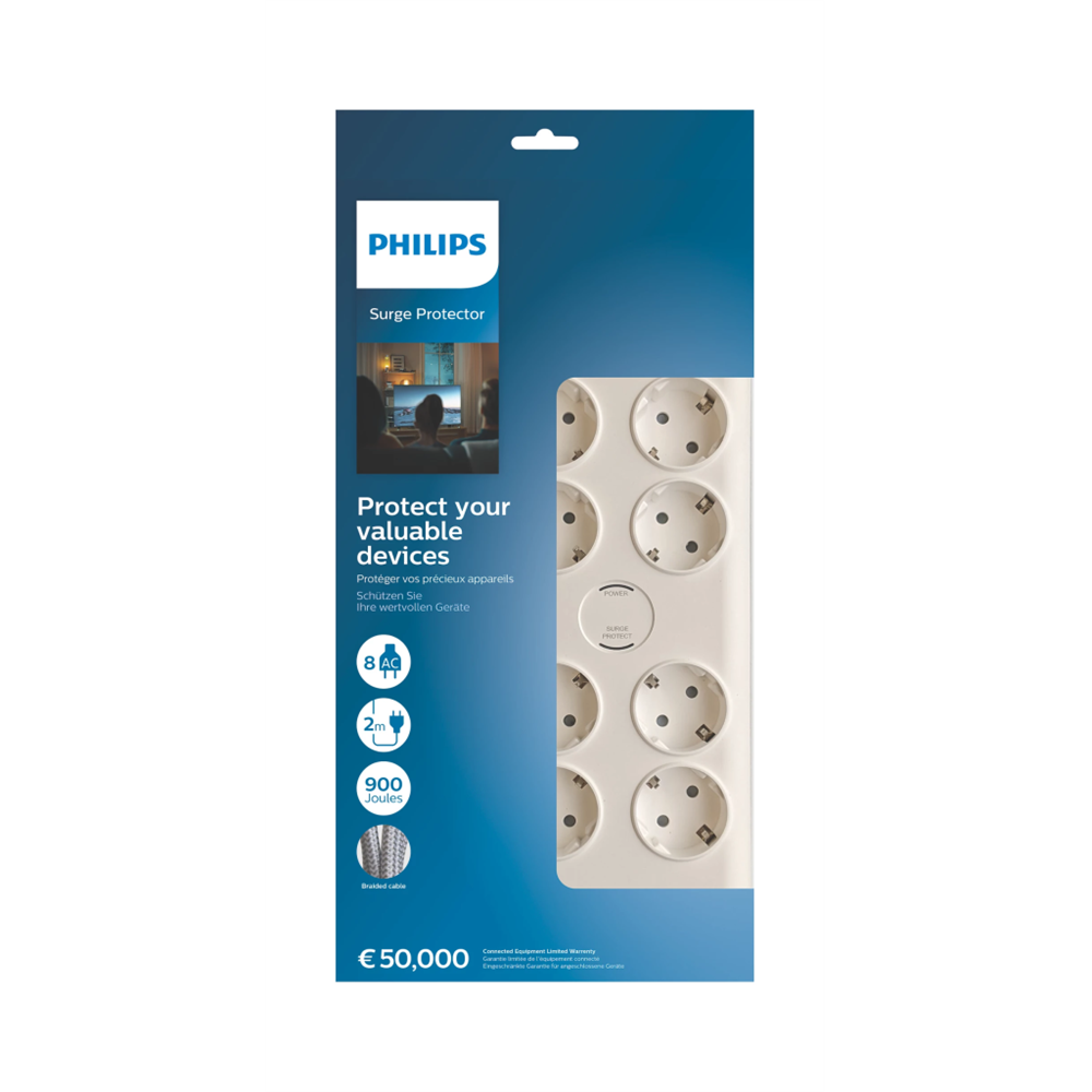 PHILIPS SPN7080WA/62, 8 Soket, Akım Korumalı Priz, 900 Joules, 2Mt Örgülü Kablo, (Beyaz)