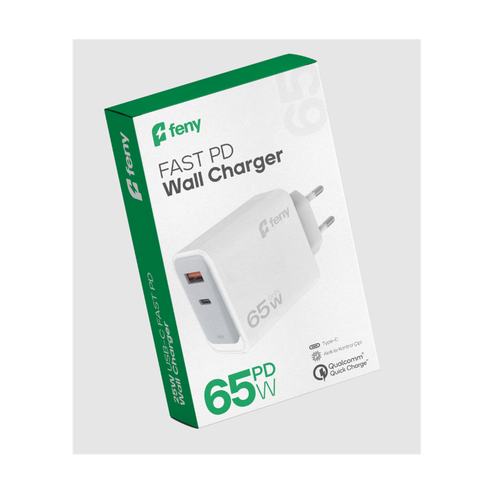 FENY FN-C65, 65W, USB+Type-C, Akıllı Isı Kontrol Chip, Qualcomm Quick Charge 3.0, ŞARJ Adaptörü
