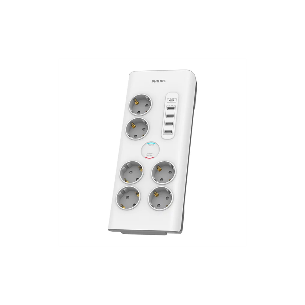 PHILIPS SPN7060WA/62, 6 Soket, Akım Korumalı Priz, 900 Joules, 2Mt Kablo, 1xUsb-C 15W Şarj, 4xUsb-A 20W, (Beyaz)