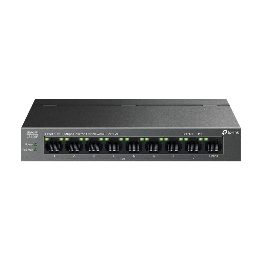 TP-LINK LS109P, Green Tech, 8 Port MegaBit, POE 63W, 1 Port Uplink, Long Range 250Mt, Yönetilemez, Metal Kasalı Switch