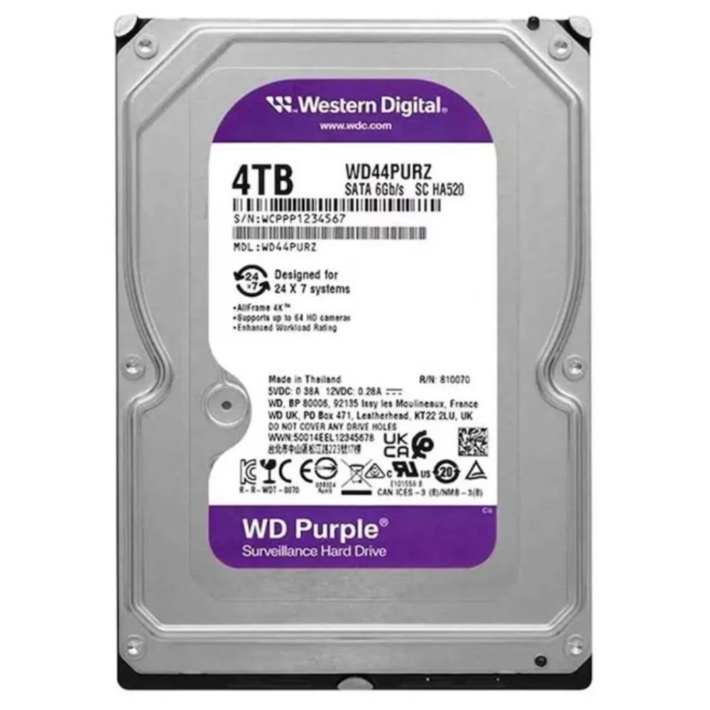 HDD 4TB WD 3.5 PURPLE SATA3 5400RPM 7/24 GUVENLIK WD44PURZ 3 YIL RESMI DIST.