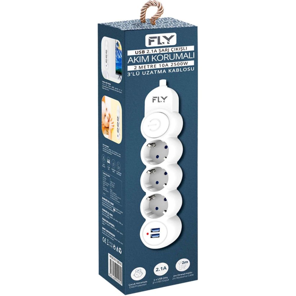 FLY 3393-01, 3 Soket, 2 USB, Akım Korumalı Priz, 2.1A, Anahtarlı, 2Mt Kablo, (Beyaz)