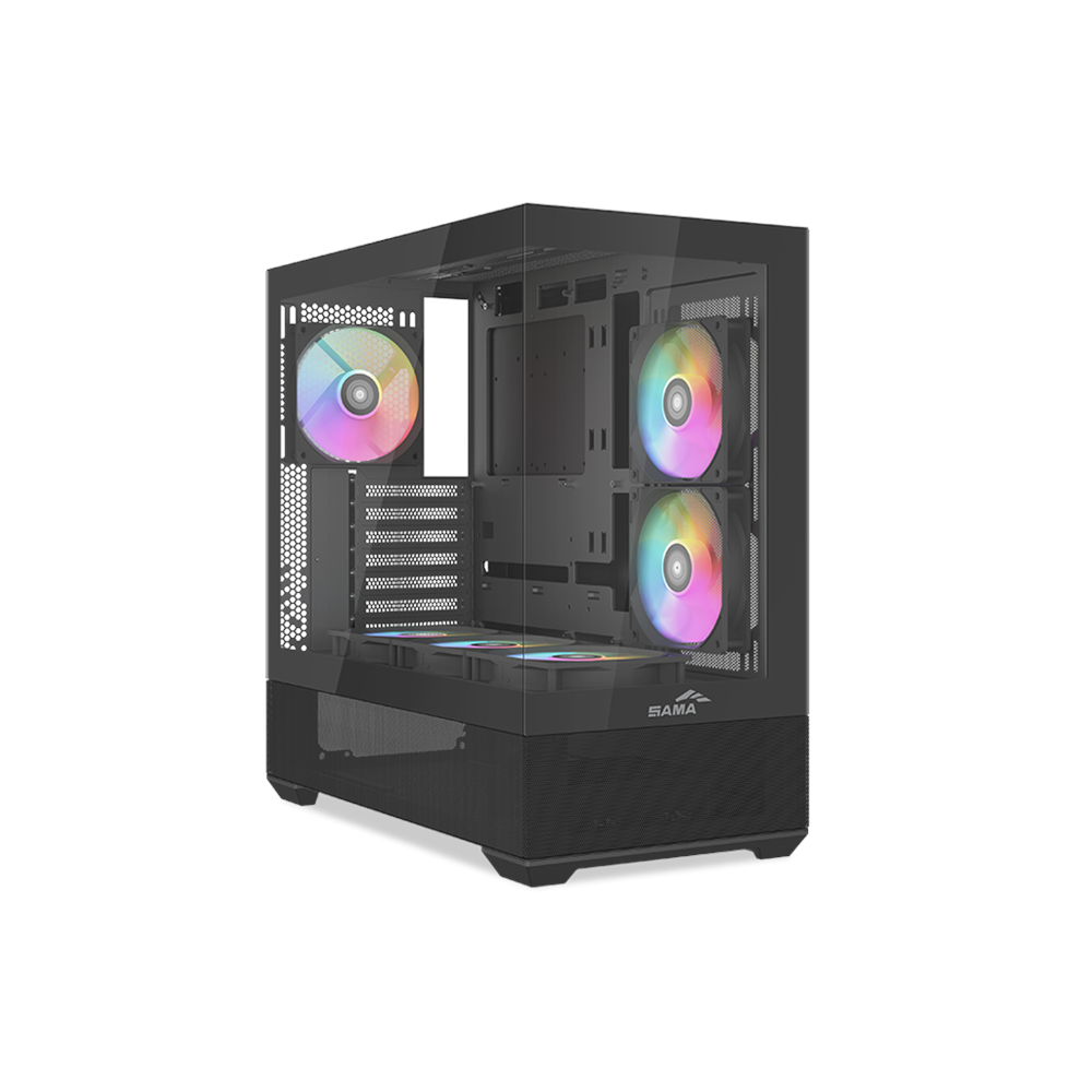 SAMA V40BK Black, B750BK 750W, 80+ Bronze, PCIE 5.1, ATX3.1, Tempered Glass Panel, Panoramic Tasarım, Type-C, 6x120mm ARGB Fan, ATX, GAMING KASA