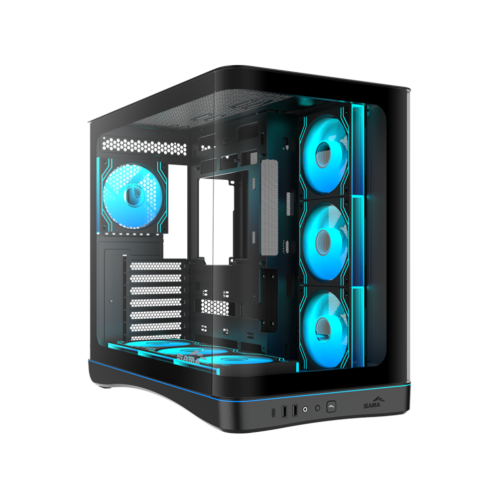SAMA V62BK Black, B850BK 850W, 80+ Bronze, PCIE 5.1, ATX3.1, Tempered Glass Panel, Panoramic Tasarım, Type-C, 7x120mm ARGB INFINITY Fan, ATX, GAMING KASA