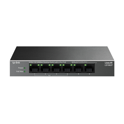TP-LINK LS106LP, Green Tech, 6 Port, MegaBit, 4 Port PoE 41W, Metal Kasa, Yönetilemez, Masaüstü Switch