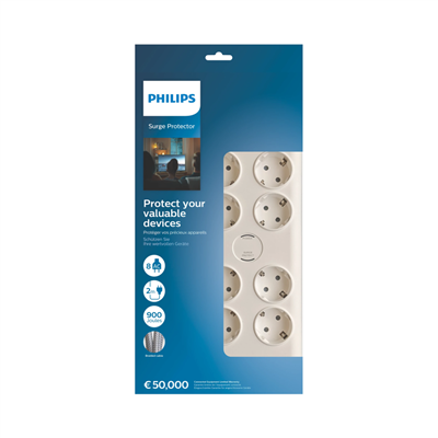 PHILIPS SPN7080WA/62, 8 Soket, Akım Korumalı Priz, 900 Joules, 2Mt Örgülü Kablo, (Beyaz)