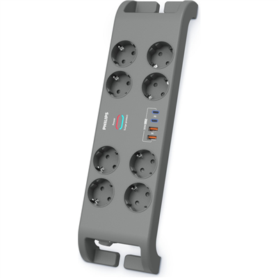 PHILIPS SPN8180GA/62, 8 Soket, Akım Korumalı Priz, 2400 Joules, 2Mt Kablo, 2xUsb-C PD 20W Hızlı Şarj, 2xUsb-A QC 18W, (Gri)