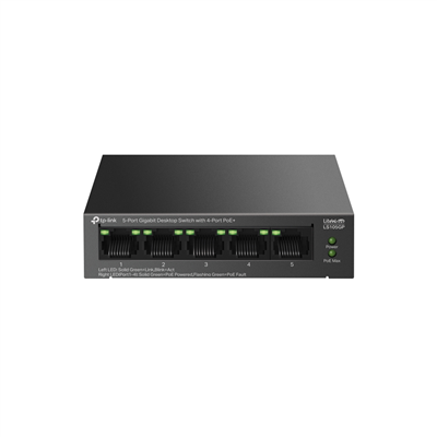 TP-LINK LS105GP, Green Tech, 5 Port, GigaBit, 4 Port PoE 65W, Metal Kasa, Yönetilemez, Masaüstü Switch