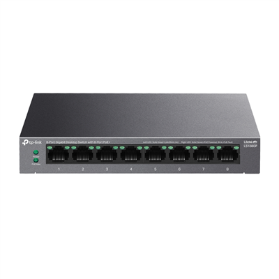 TP-LINK LS108GP, Green Tech, 8 Port GigaBit, PoE 62W, Yönetilemez, Metal Kasalı Switch