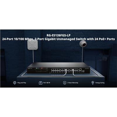 RUIJIE REYEE RG-ES126FGS-LP  26 Port, 24 Port  Megabit PoE, 180W, 2 Port Gigabit Uplink, 1 Port Gigabit COMBO,  Switch  Metal Kasa