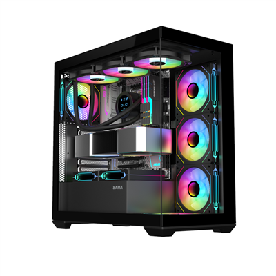 SAMA SV01BK Black, B750BK 750W, 80+ Bronze, PCIE 5.1, ATX3.1, Tempered Glass Panel, Panoramic Tasarım, Type-C, 4x120mm ARGB Fan, ATX, GAMING KASA