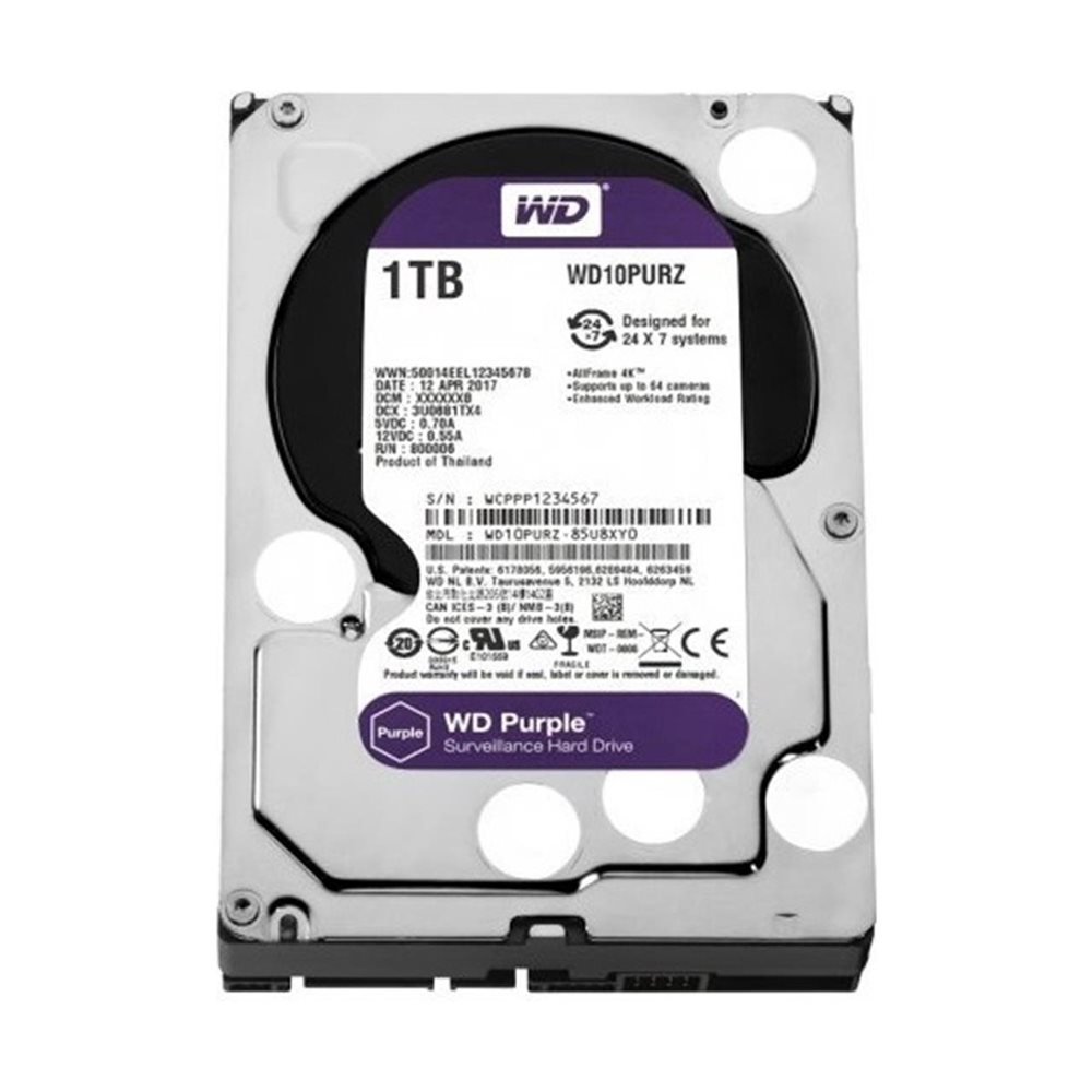 HDD 1TB WD PURPLE WD10PURZ, 3.5" 64Mb, 5400 Rpm 7/24 Güvenlik