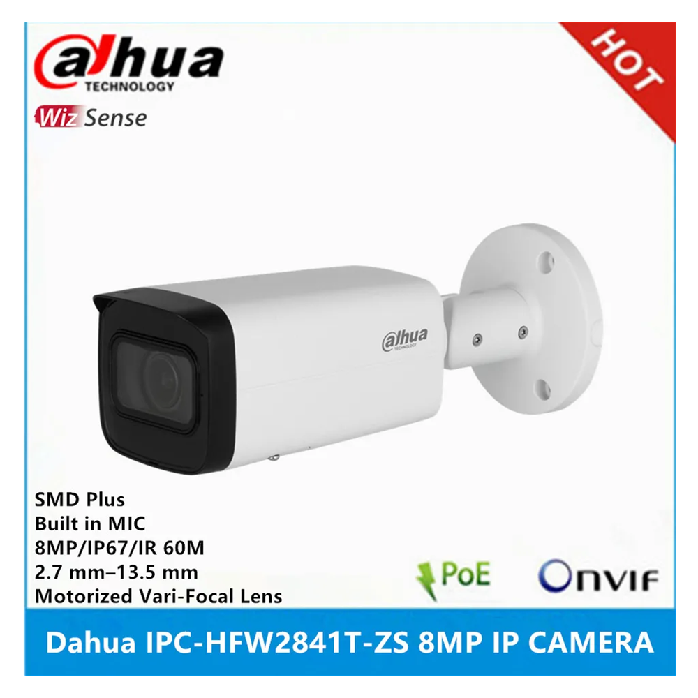 DAHUA IPC-HFW2841T-ZAS-27135, 8Mpix, 2,7-13,5mm Motorize Lens, H265+, 80Mt Gece Görüşü, Dahili Mikrofon, Starlight, IP67,  PoE Bullet IP Kamera