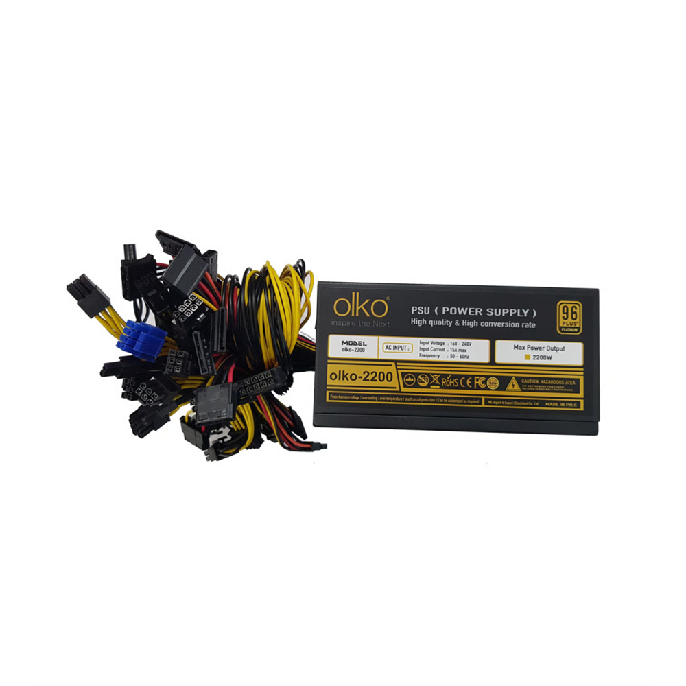 OLKO 2200, 2200W, 14cm Fan, 16xPCI-E 6+2Pin, 1x20+4Pin, 8xSata, ATX, Power Supply (PSU)