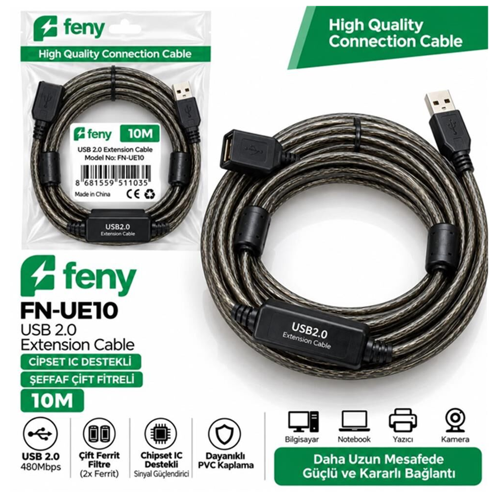 FENY FN-UE10, Güçlendirilmiş USB Uzatma Kablosu 10 Metre