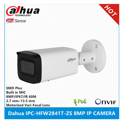 DAHUA IPC-HFW2841T-ZAS-27135, 8Mpix, 2,7-13,5mm Motorize Lens, H265+, 80Mt Gece Görüşü, Dahili Mikrofon, Starlight, IP67,  PoE Bullet IP Kamera