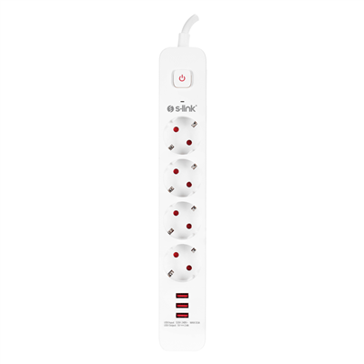 S-LINK SPG403U, 4 Soket, Akım Korumalı Priz, 3xUSB 5V 2.4A, 1.5Mt %100 Bakır 1.5mm Kablo, 750 Joule (Beyaz)