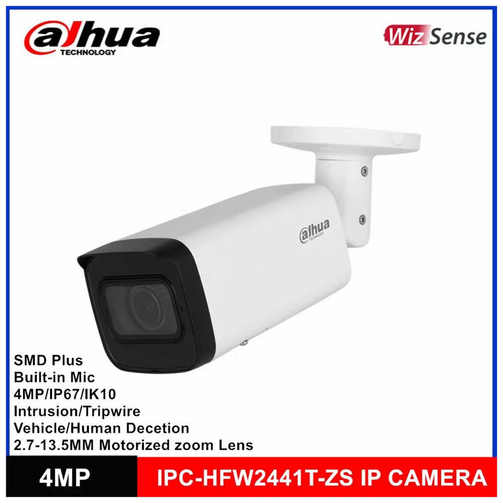 DAHUA IPC-HFW2441T-ZAS-2713, 4Mpix, 2,7-13,5mm Motorize Lens, H265+,Starlight, 60Mt Gece Görüşü, Dahili Mikrofon, IP67, PoE Bullet IP Kamera
