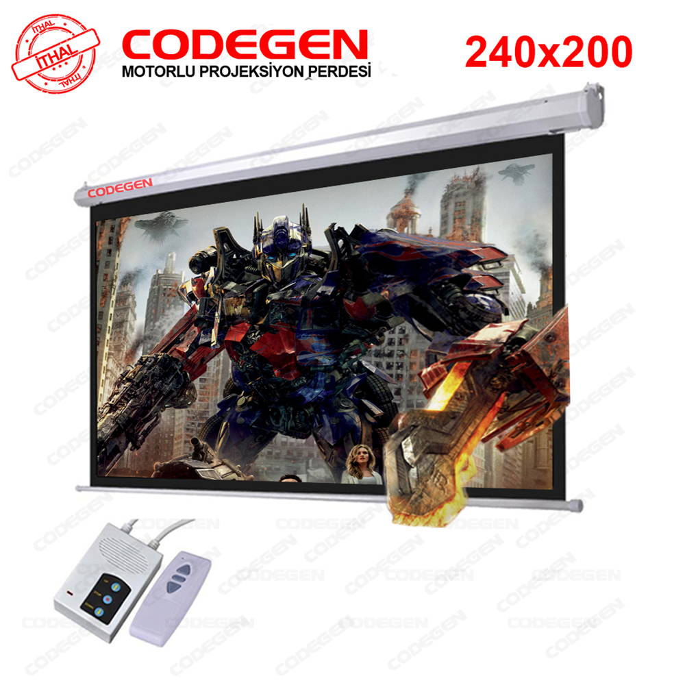 Codegen EX-24 MOTORLU PROJEKSİYON PERDESİ 240x200 Elektrikli Uzaktan Kumandalı (Arkası Siyah Fonlu - Duvar/Tavan Asılabilir)