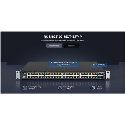 RUIJIE REYEE RG-NBS3100-48GT4SFP-P  48 Port  GigaBit PoE,  370W, 4Port SFP, L2 Yönetilebilir Switch  Metal Kasa